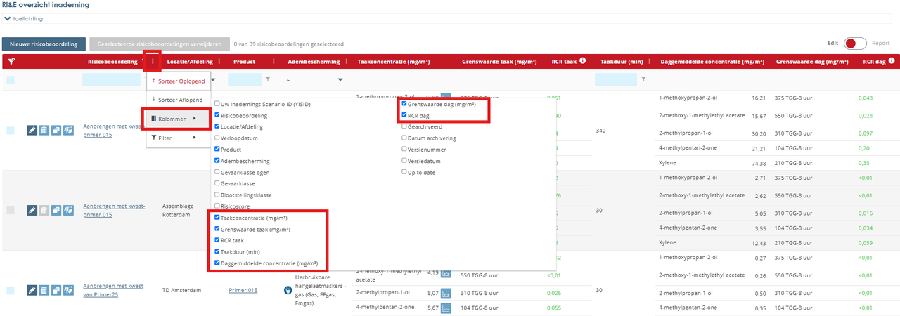 Kolommen samenstellen in Stoffenmanager® bij risicobeoordeling